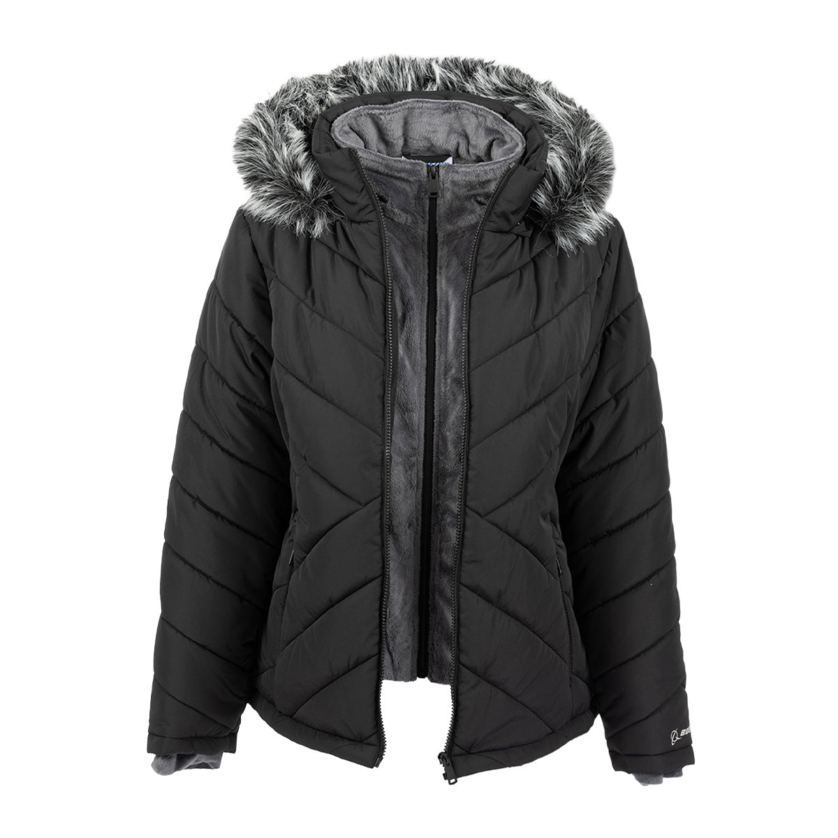 Black Boeing Women’s Hybrid Puffer Jacket in water-resistant recycled fabric with a faux fur trim and grey interior lining.