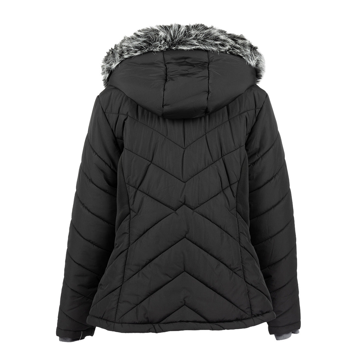 Back view of a black Boeing Women’s Hybrid Puffer Jacket featuring chevron quilting, a water-resistant finish, and a faux fur-trimmed hood.
