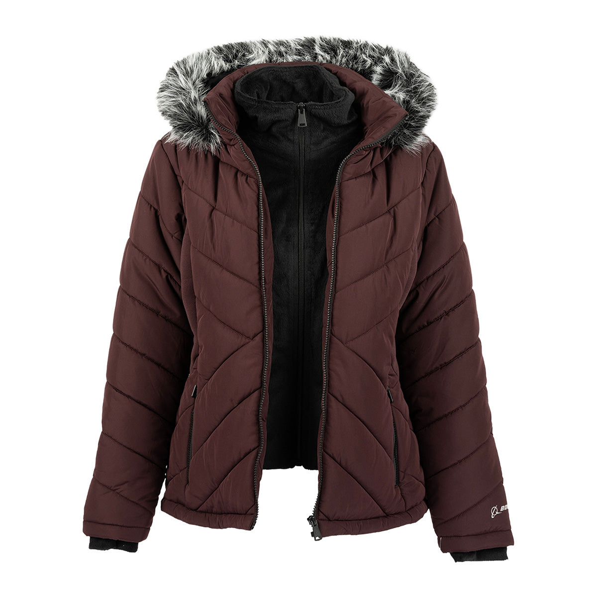 Boeing Women’s Hybrid Puffer Jacket in maroon, featuring a water-resistant finish, black fleece interior, and a hood trimmed with faux fur.