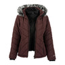 Boeing Women’s Hybrid Puffer Jacket in maroon, featuring a water-resistant finish, black fleece interior, and a hood trimmed with faux fur.