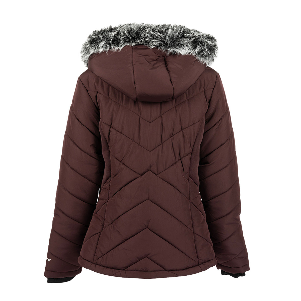 Back view of a maroon, water-resistant Boeing Women’s Hybrid Puffer Jacket with a hood featuring a faux-fur trim.