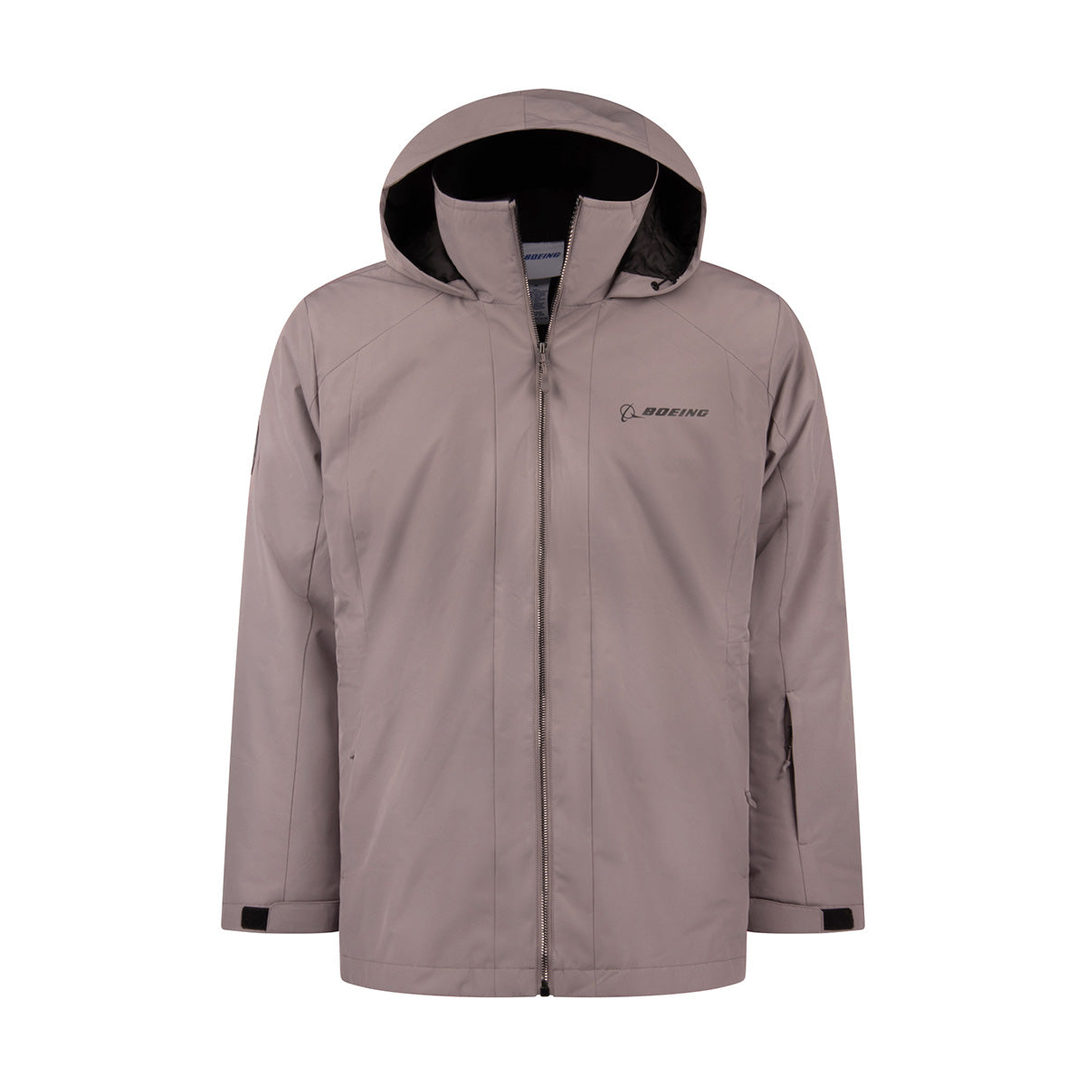 Boeing Women’s 3-in-1 Systems Jacket in water-resistant taupe, featuring a hood, zip-up closure, and a logo on the left chest.