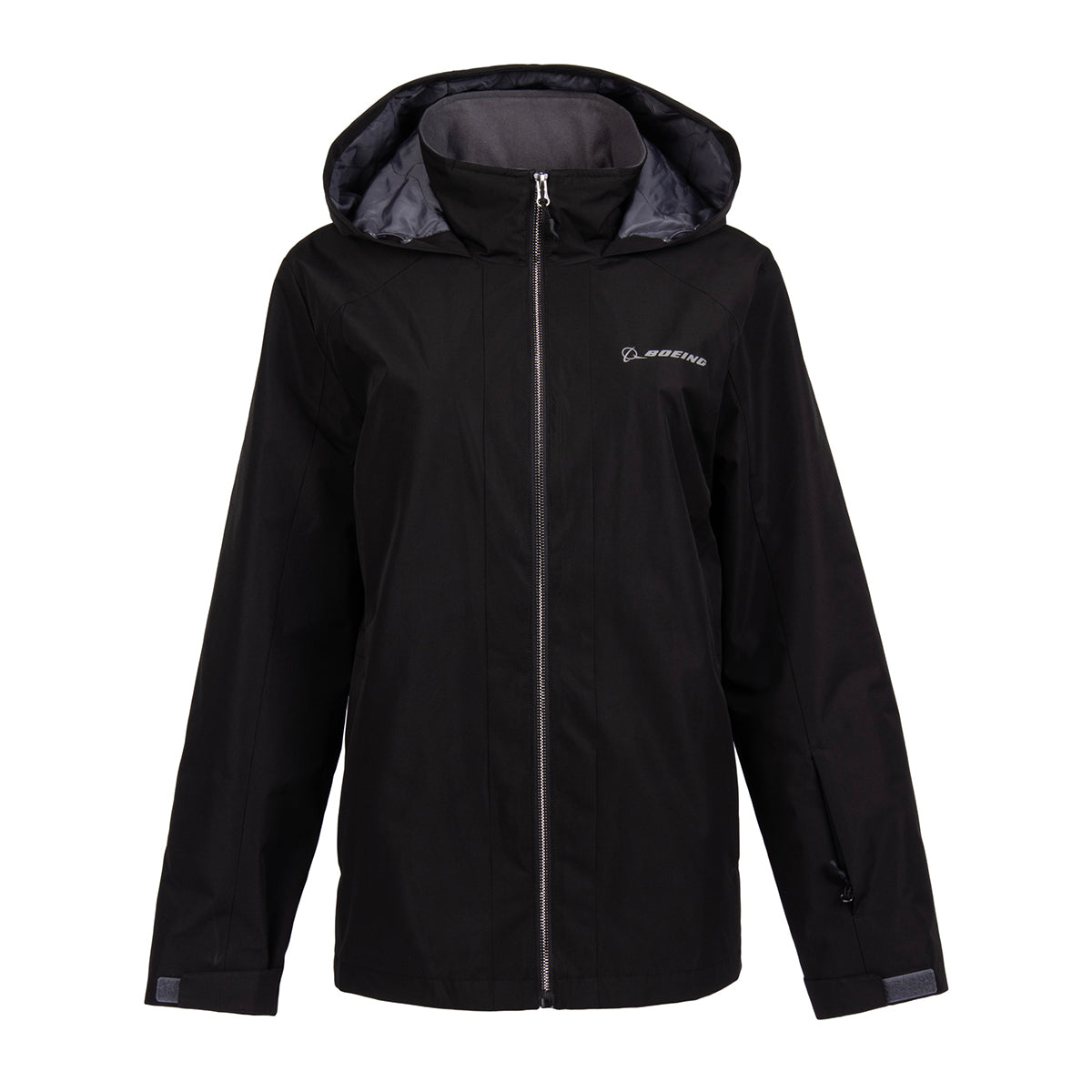 Boeing Women’s 3-in-1 Systems Jacket, a water-resistant black hooded jacket featuring a full-length zipper and a logo on the upper chest.