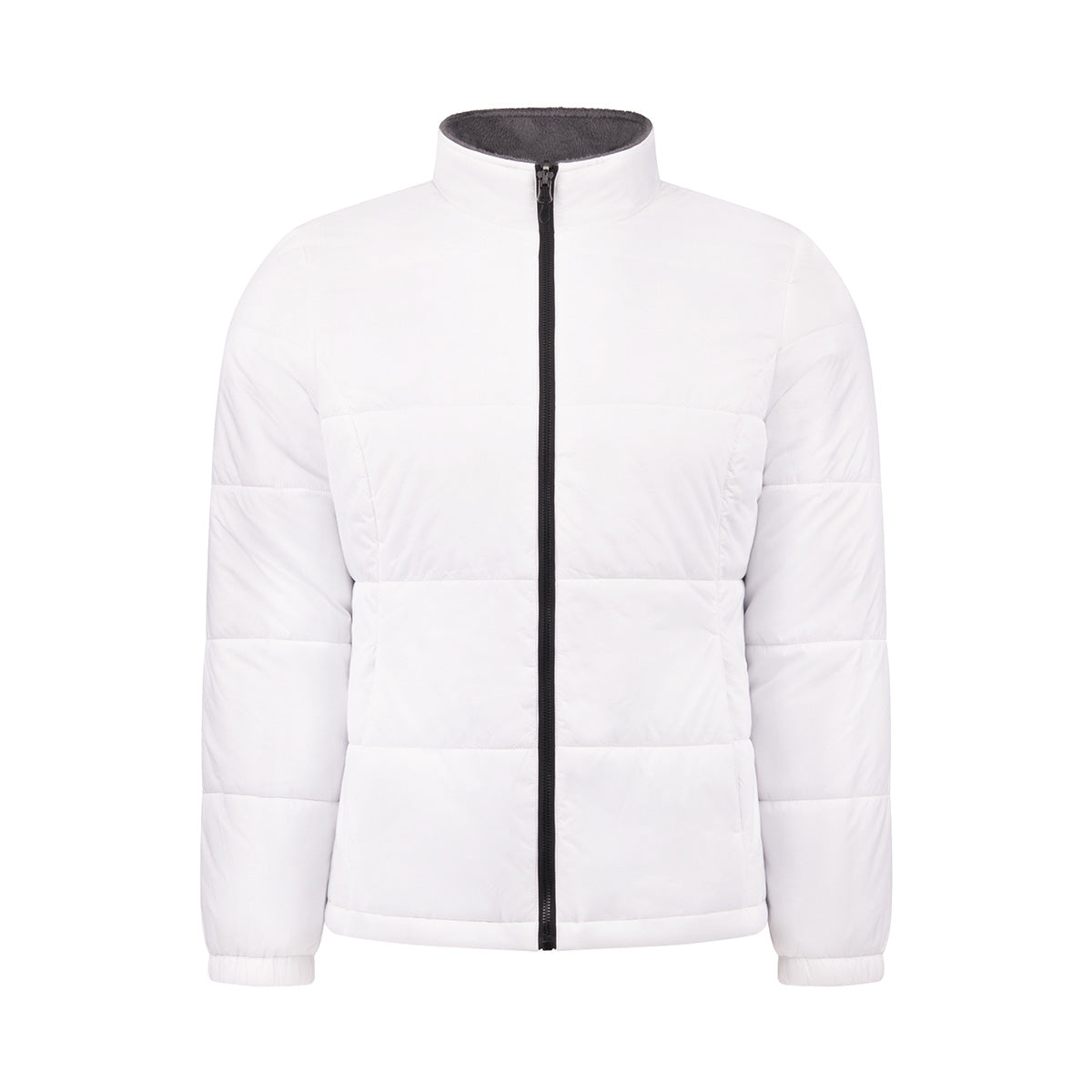 Boeing Women’s 3-in-1 Systems Jacket, a water-resistant white quilted puffer featuring a black full-length zipper and a dark grey interior collar.