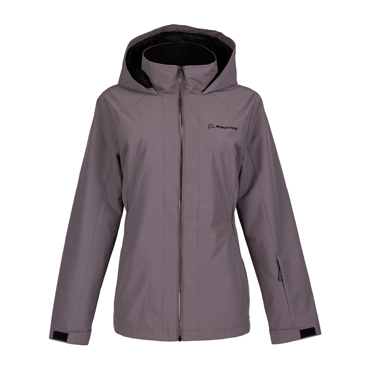 A gray Boeing Women’s 3-in-1 Systems Jacket, featuring a water-resistant finish, hood, front zipper, and logo on the left chest.