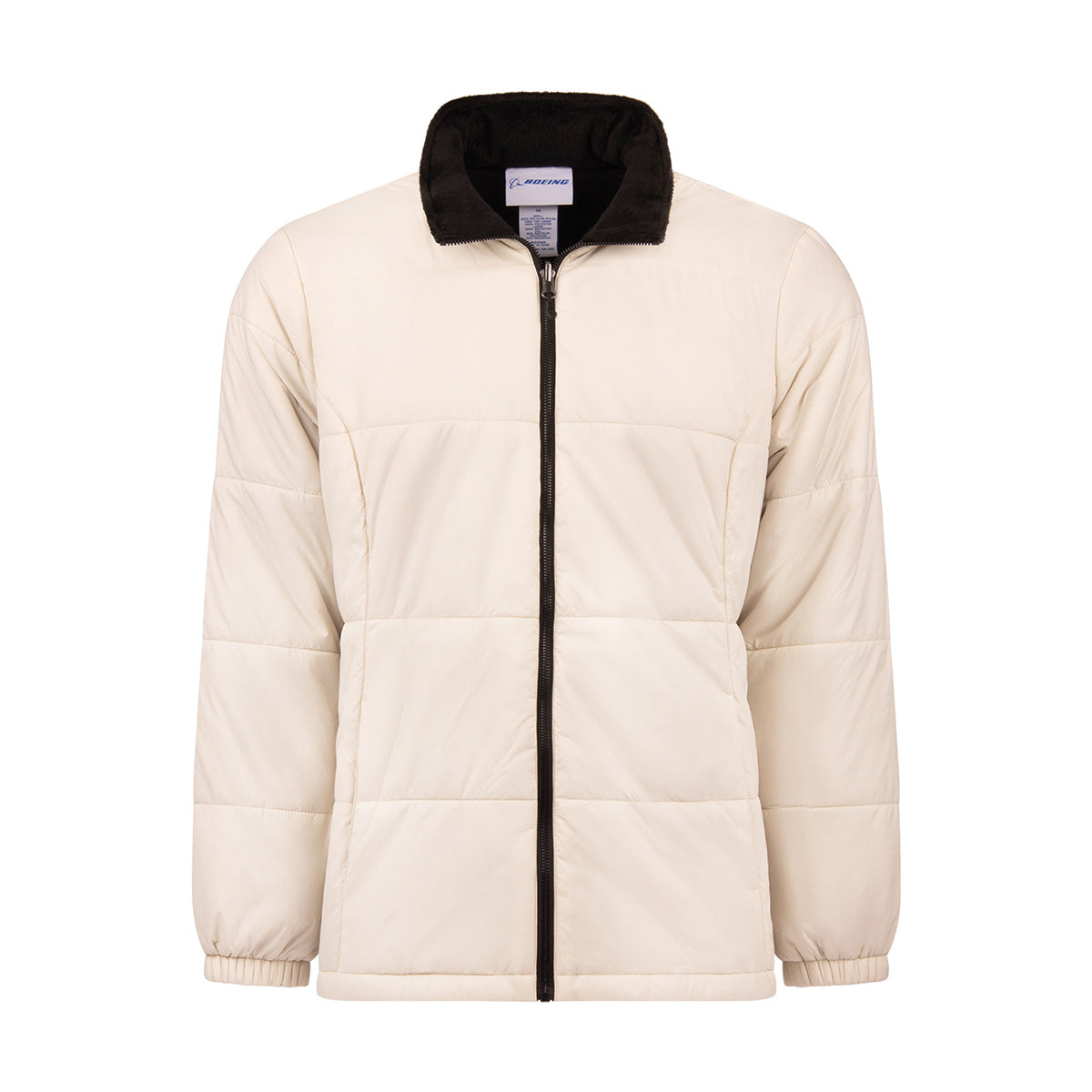 Off-white water-resistant quilted Boeing Women’s 3-in-1 Systems Jacket featuring a black high neck and a full-length front zipper.