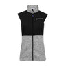 Introducing the Boeing Signature Women’s Color Block Vest by BOEING—a sleeveless zip-up style with a high collar, ideal for layering into your professional workwear. Featuring a solid black top, light gray heather bottom, and subtle Boeing name and logo on the left chest, this vest combines modern design with comfort. Displayed against a plain white background.