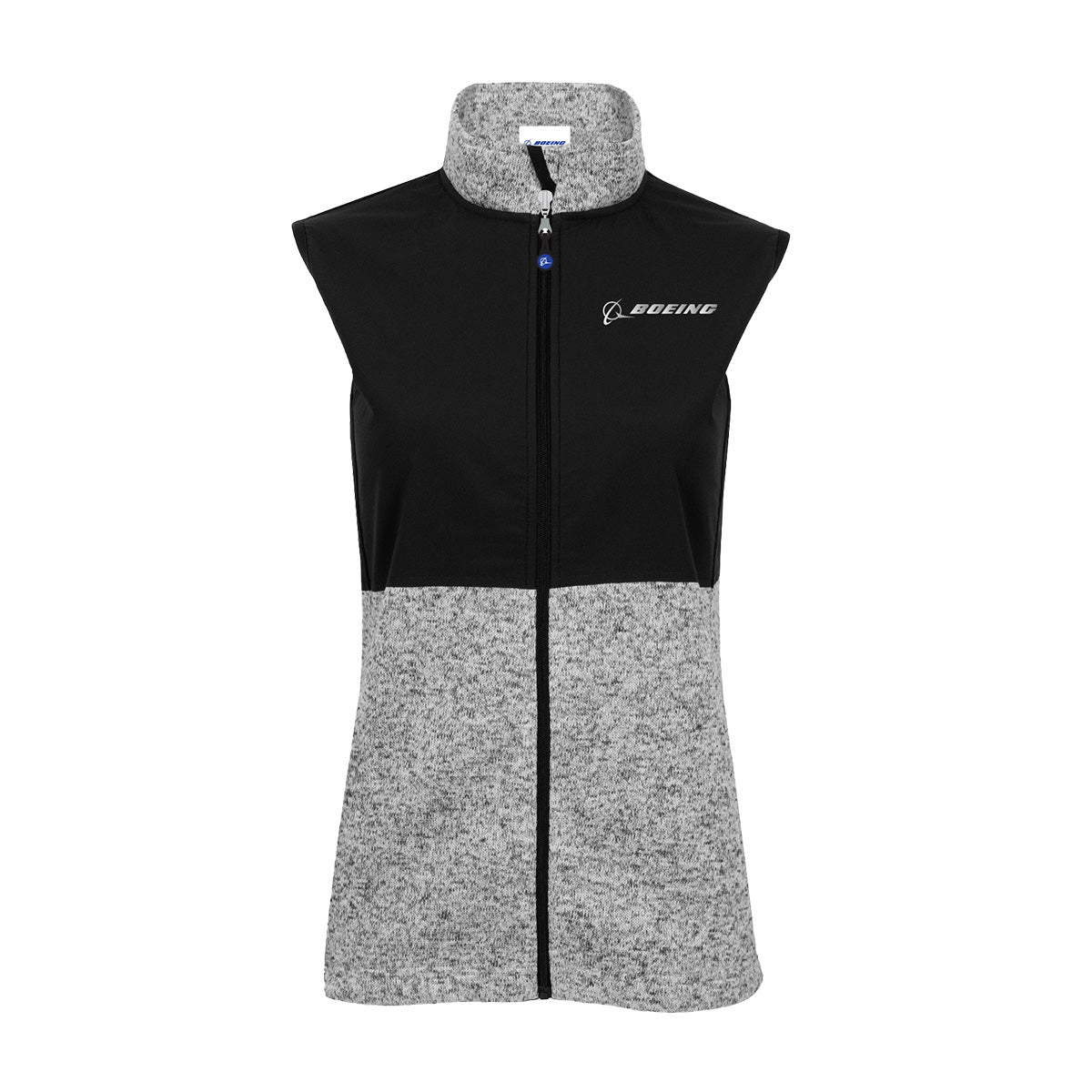 Introducing the Boeing Signature Women’s Color Block Vest by BOEING—a sleeveless zip-up style with a high collar, ideal for layering into your professional workwear. Featuring a solid black top, light gray heather bottom, and subtle Boeing name and logo on the left chest, this vest combines modern design with comfort. Displayed against a plain white background.