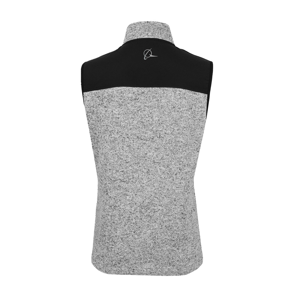 Back view of the Boeing Signature Women’s Color Block Vest by BOEING—a sleeveless gray sweater fleece vest with a high collar, accented by a black upper panel and a small embroidered logo below the collar—an elegant choice for professional workwear.
