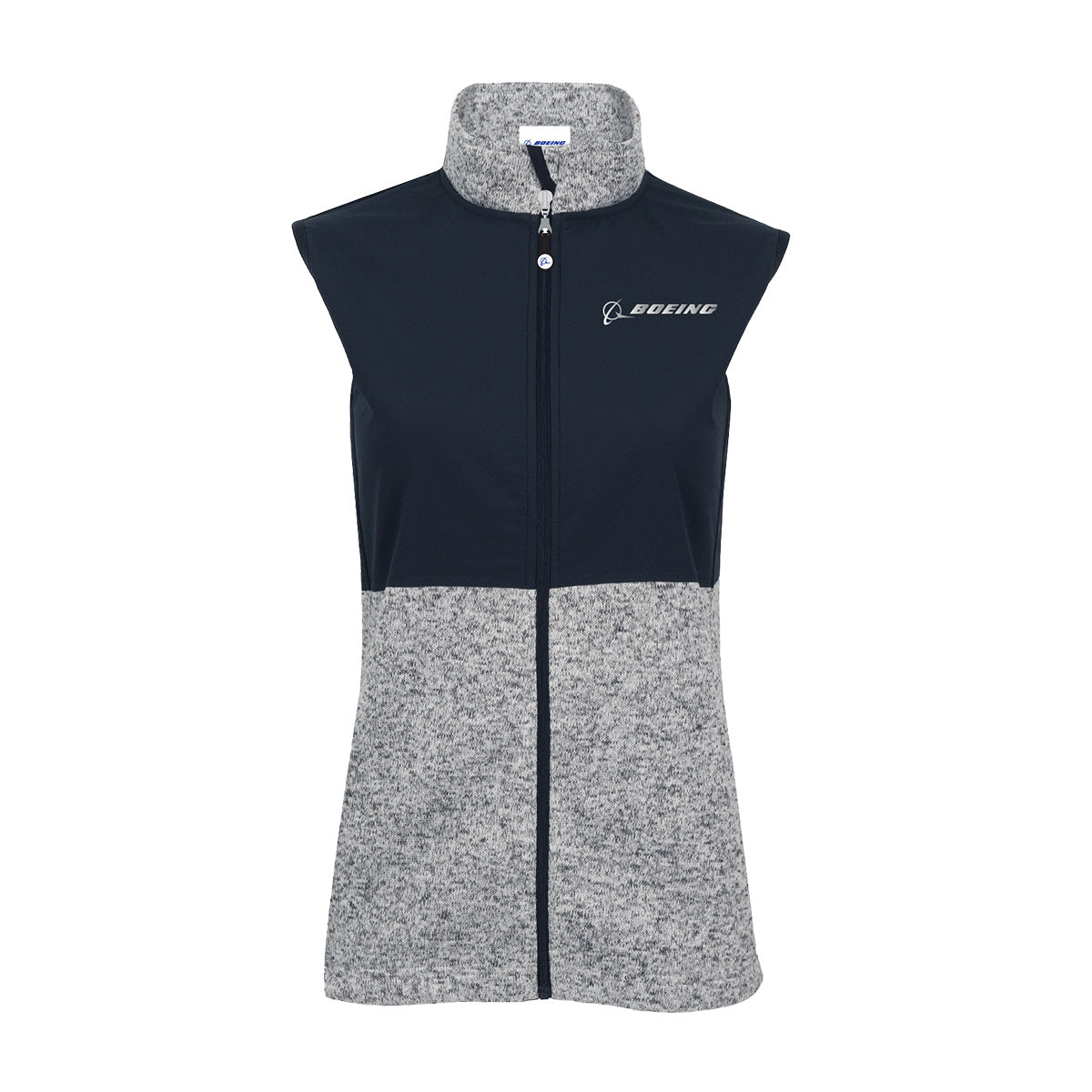 Stay stylish and comfortable in the Boeing Signature Women’s Color Block Vest by BOEING—an essential piece of professional workwear featuring a sleeveless design, dark navy upper section, light gray lower section, zip front closure, high collar, and the iconic Boeing logo on the left chest. Perfect for layering over a women’s sweater fleece to add warmth on chilly office days.