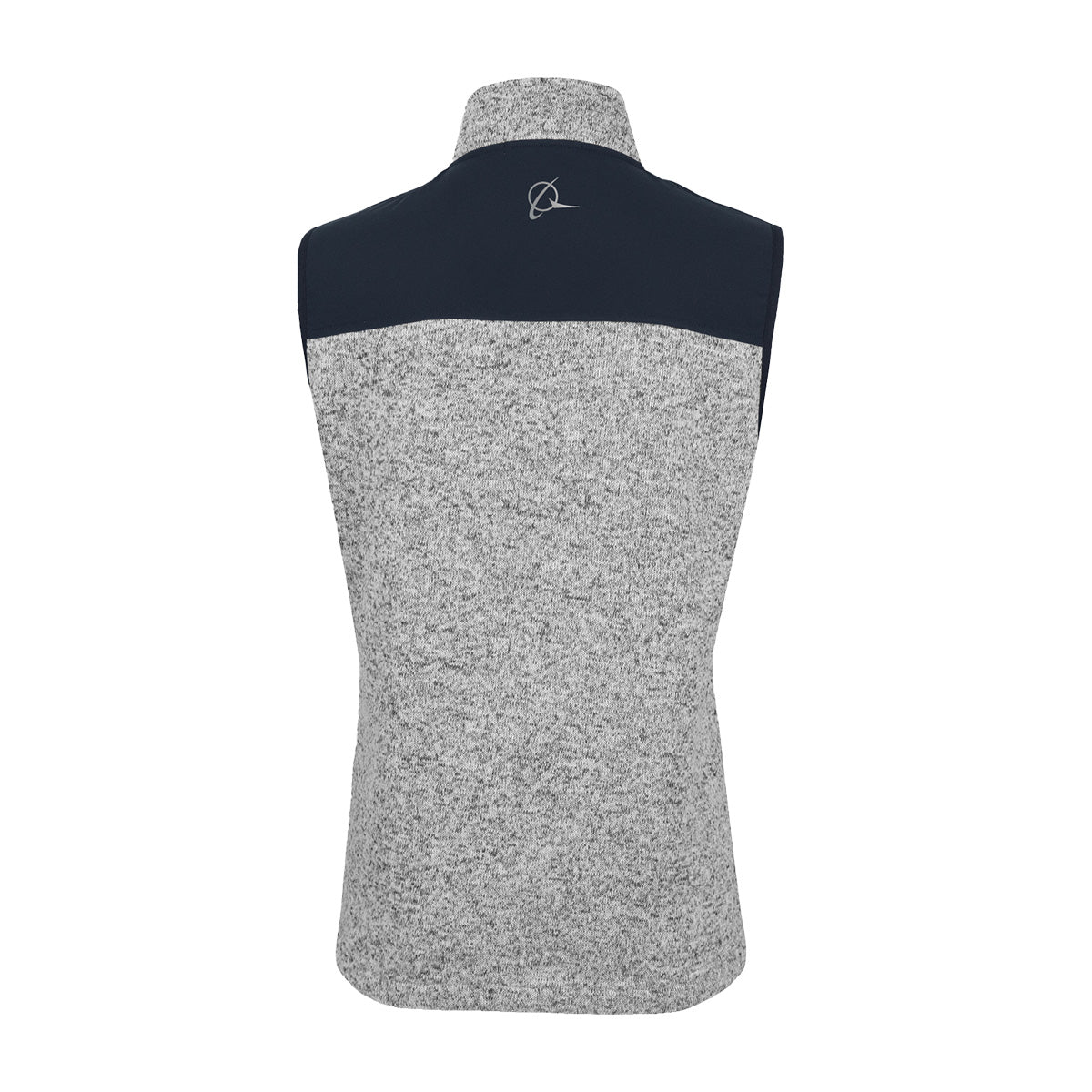 Back view of the Boeing Signature Women’s Color Block Vest by BOEING, showcasing a gray textured body with a solid dark panel across the shoulders and a small embroidered logo centered below the collar—perfect for anyone looking for professional workwear that blends style and comfort.