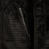 Close up of front lower left pocket unzipped in black color.