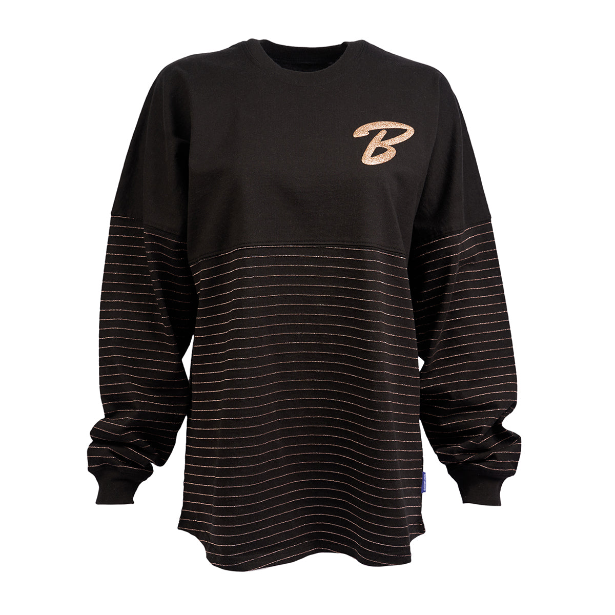 Rose gold letter "B" in a script font on the left chest.  Rose gold stripes on the bottom half of the shirt.
