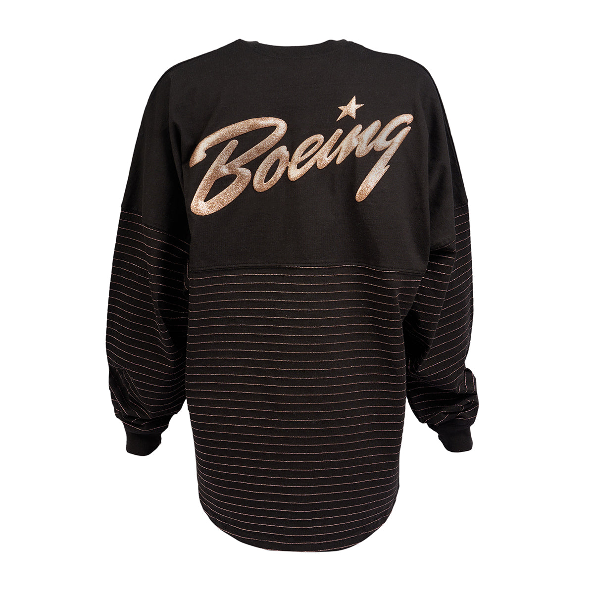 Boeing script logo across the back from shoulder to shoulder in rose gold color