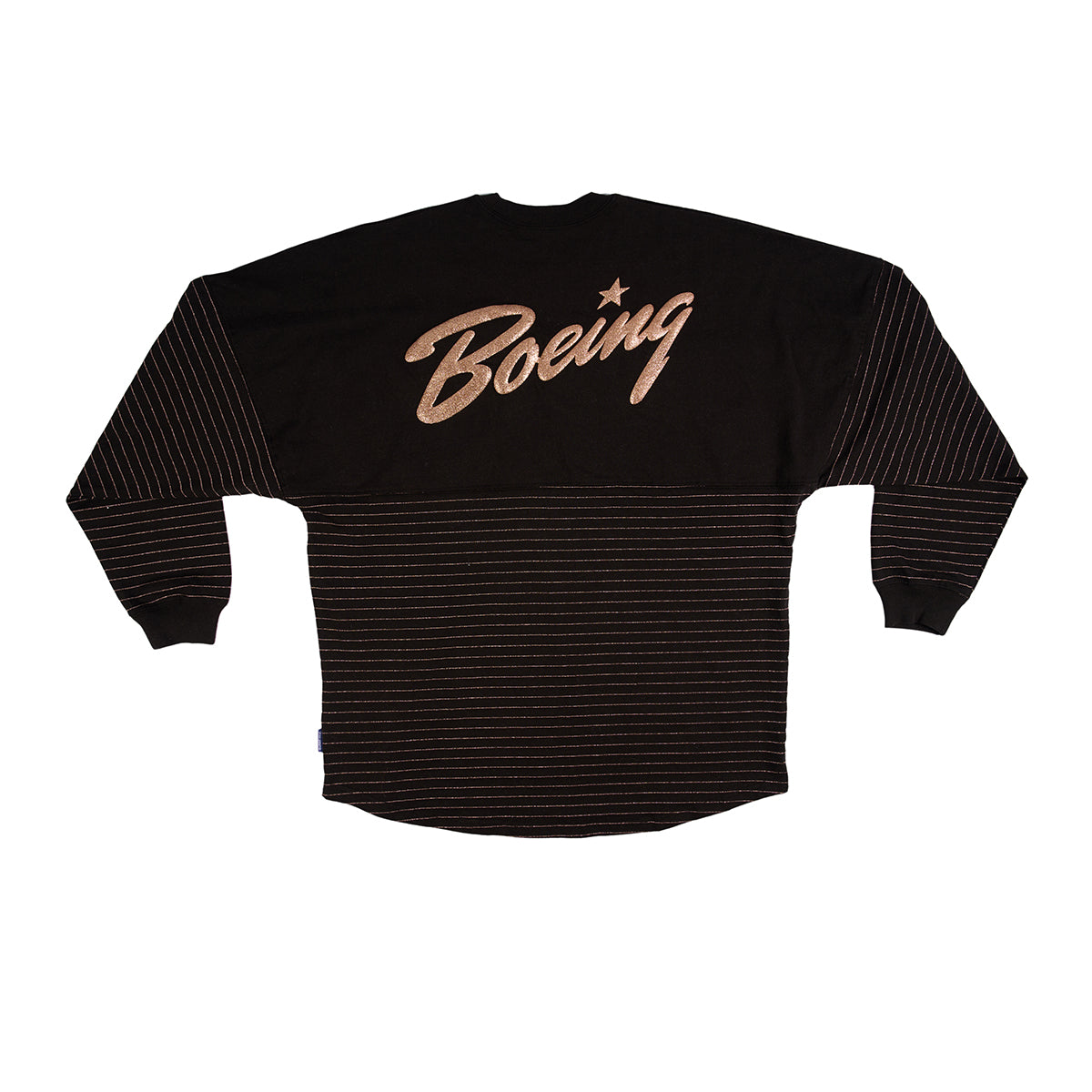 The Boeing Womens Spirit Heritage Jersey by BOEING features a black design with the Boeing script logo in bold cursive on the back, complemented by thin horizontal white stripes on the bottom half and sleeves.