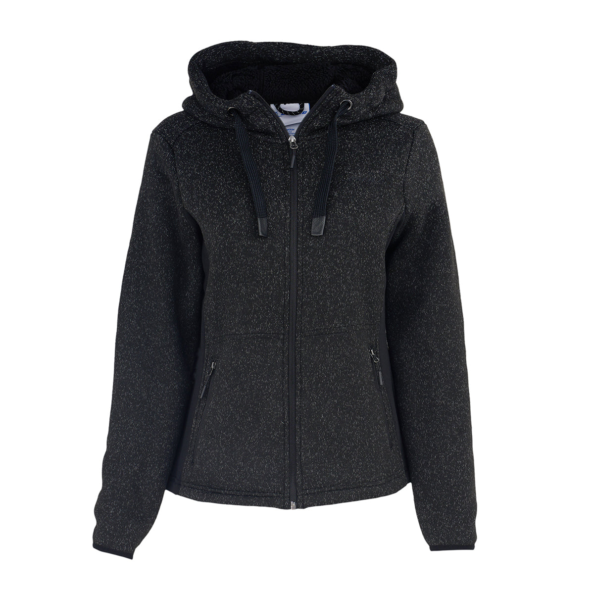 The Boeing Women's Mountain Fleece Jacket by BOEING features black textured fabric, zippered front pockets, long sleeves, power stretch panels, a drawstring hood, and a subtle Boeing logo—shown against a white background.