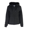 The Boeing Women's Mountain Fleece Jacket by BOEING features black textured fabric, zippered front pockets, long sleeves, power stretch panels, a drawstring hood, and a subtle Boeing logo—shown against a white background.