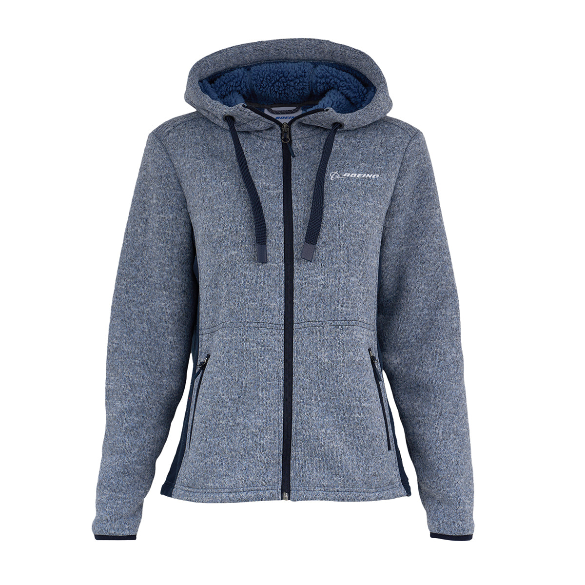 The Boeing Women's Mountain Fleece Jacket by BOEING features a heathered blue zip-up design, power stretch panels, two front pockets, a small Boeing logo on the left chest, dark blue drawstrings, and a fleece-lined hood.