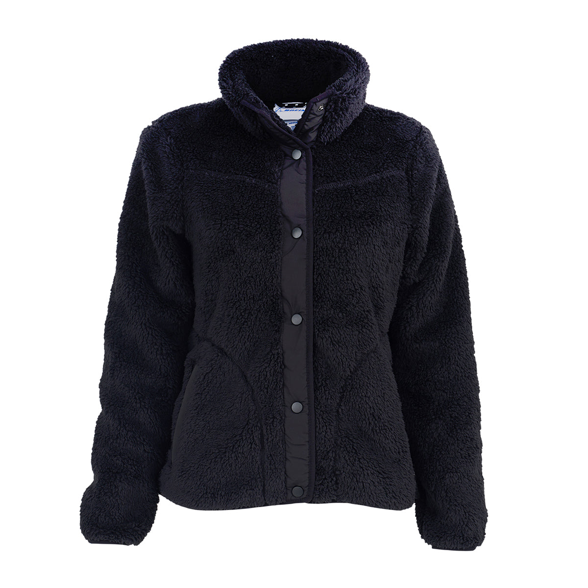 The Boeing Women's Sierra Sherpa Long Jacket by BOEING features a black, long-sleeved sherpa fleece design with snap buttons, high collar, and two side pockets. Its plush, lightweight fabric offers warmth and comfort for everyday wear.