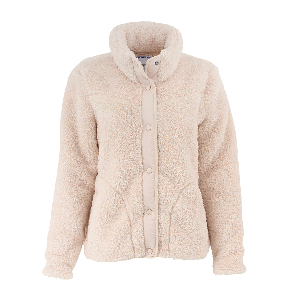 The Boeing Women's Sierra Sherpa Long Jacket by BOEING is a light beige, long-sleeve fleece with a high collar and snap button closure, shown on a plain white background.