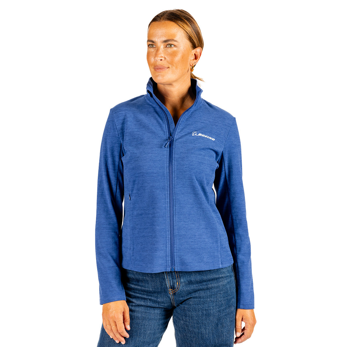 A person wearing a blue full-zip Boeing Women’s Full-Zip Cashmere Fleece with a small white Boeing logo on the chest.
