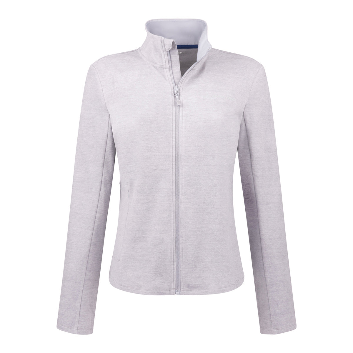 Light gray Boeing Women’s Full-Zip Cashmere Fleece jacket with a high neck collar and Boeing logo.
