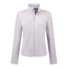 Light gray Boeing Women’s Full-Zip Cashmere Fleece jacket with a high neck collar and Boeing logo.