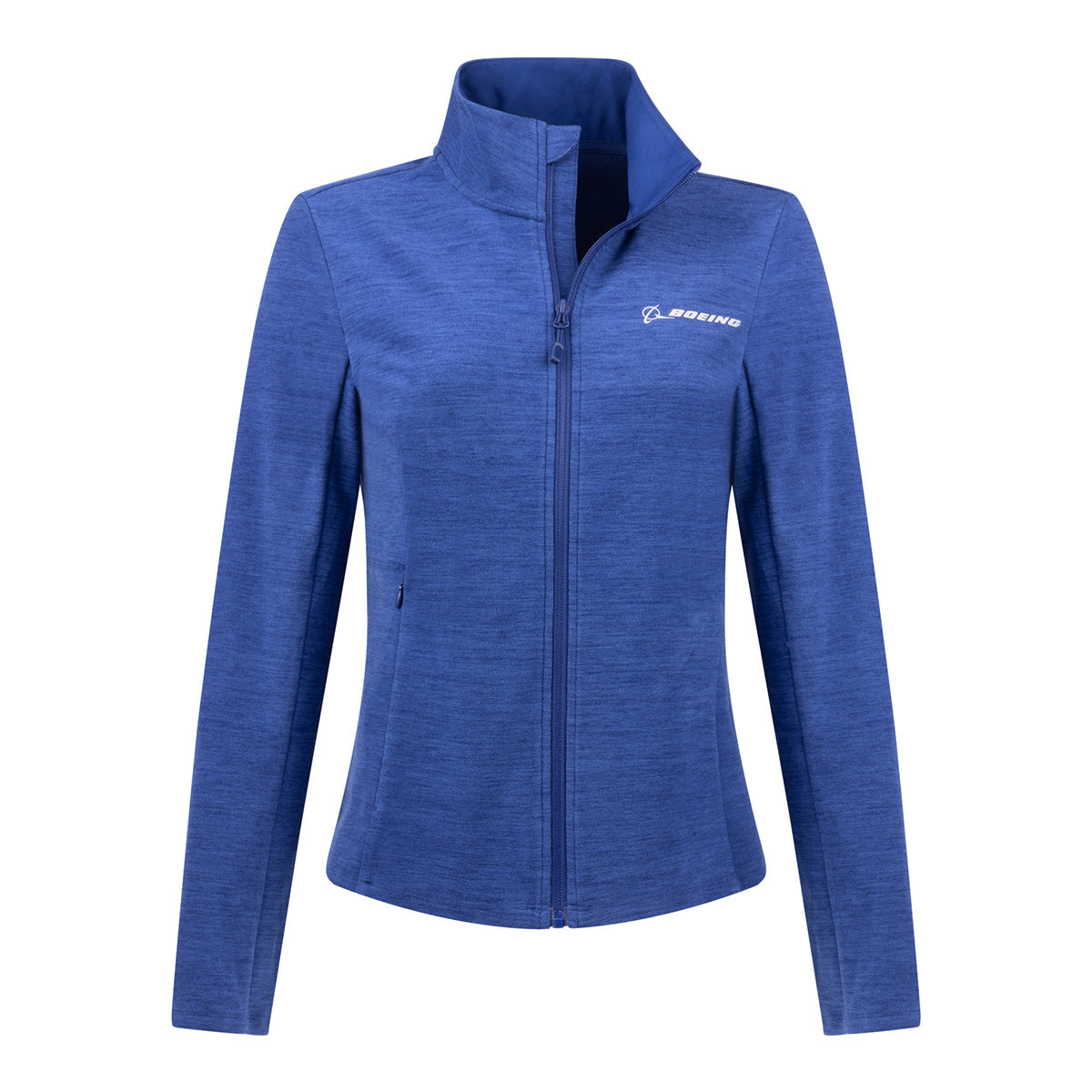 Blue Boeing Women’s Full-Zip Cashmere Fleece jacket with a mock neck and a small white Boeing logo on the chest.