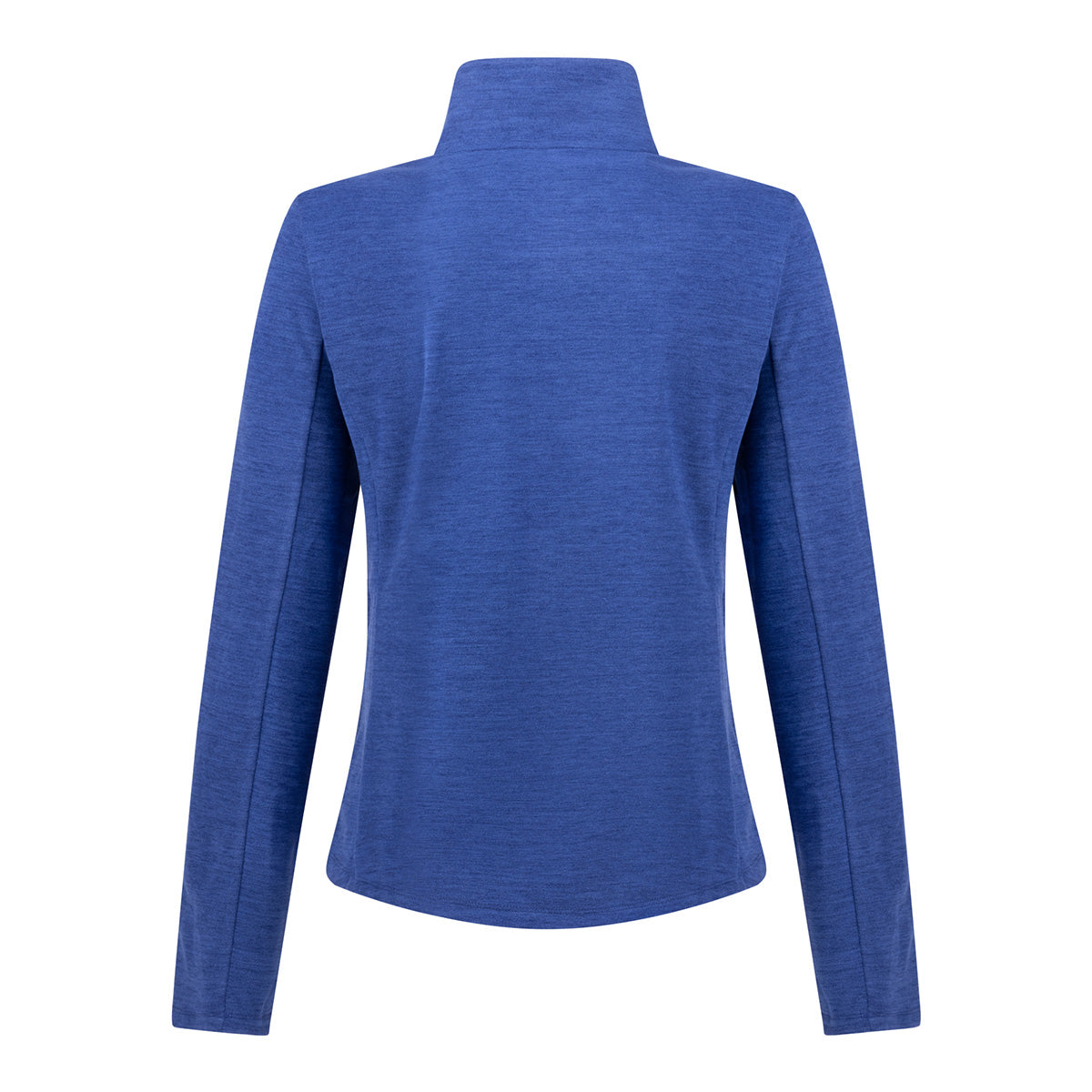 Back view of a blue, long-sleeved Boeing Women’s Full-Zip Cashmere Fleece with a high collar and a logo.