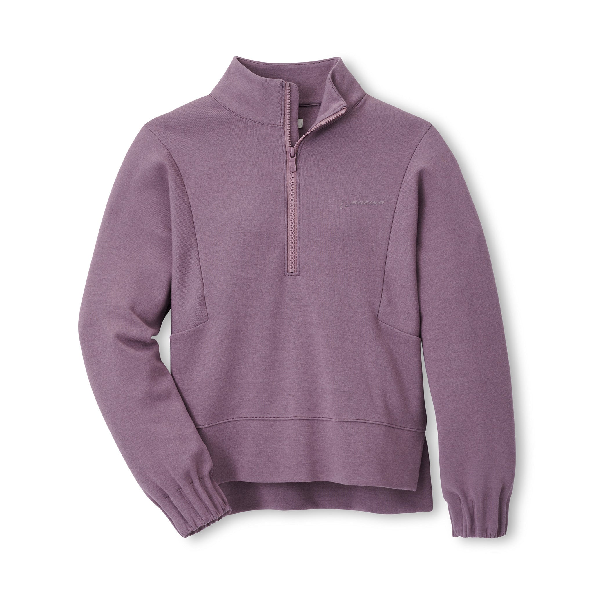 The Boeing Stores Peter Millar Womens Flora Knit Half-Zip Pullover in light purple, made from soft stretch jersey with a high collar, elastic cuffs, and side pockets, is shown laid flat on a white background.
