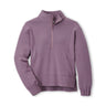 The Boeing Stores Peter Millar Womens Flora Knit Half-Zip Pullover in light purple, made from soft stretch jersey with a high collar, elastic cuffs, and side pockets, is shown laid flat on a white background.