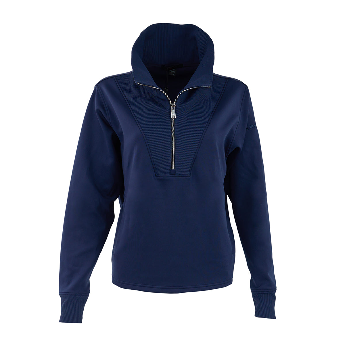 The Boeing Store’s Greyson Boeing Women’s Wren Quarter-Zip is a long-sleeve pullover with a modern silhouette, high collar, quarter-zip front, ribbed cuffs, relaxed fit, and minimal design in navy blue without visible logos or patterns.