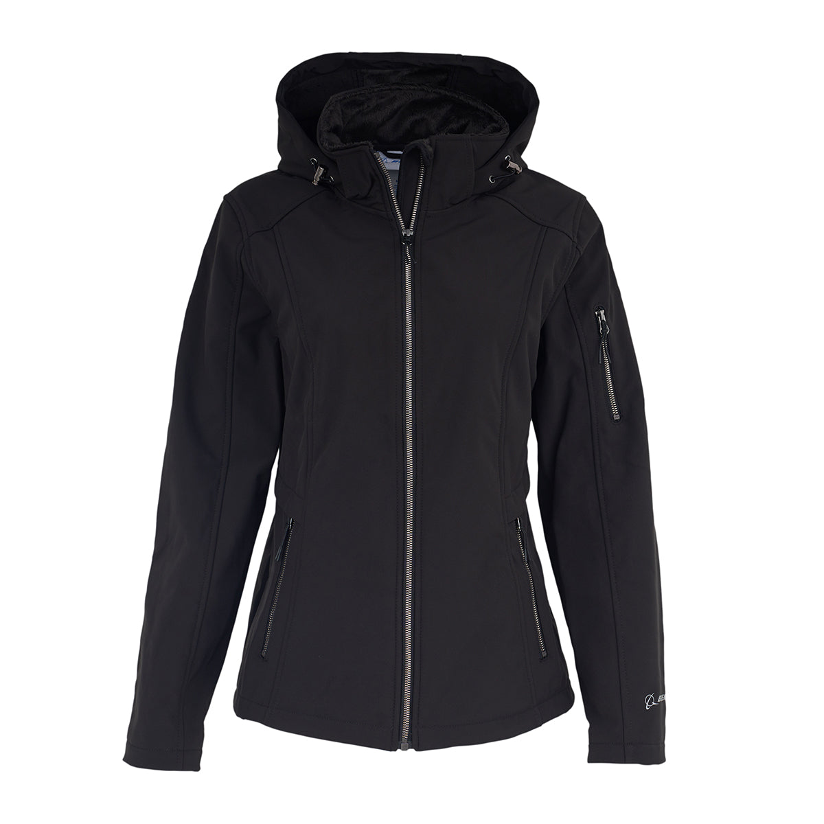 The Boeing Women's Aeris Super-Softshell Jacket by BOEING is black, fitted, made from recycled polyester, and features a front zipper, two zippered side pockets, an extra left sleeve pocket, and long sleeves.
