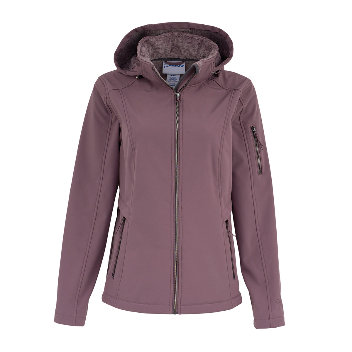 The Boeing Women's Aeris Super-Softshell Jacket by BOEING features a mauve recycled polyester shell, plush lining, front zipper, zippered side and arm pockets, and a tailored fit.