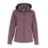 The Boeing Women's Aeris Super-Softshell Jacket by BOEING features a mauve recycled polyester shell, plush lining, front zipper, zippered side and arm pockets, and a tailored fit.