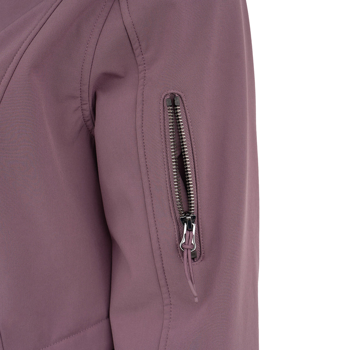 Close-up of the Boeing Women's Aeris Super-Softshell Jacket by BOEING shows its mauve recycled polyester sleeve, featuring a silver vertical zippered pocket on the upper arm.