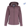 The Boeing Women's Aeris Super-Softshell Jacket by BOEING features a mauve recycled polyester shell, plush lining, front zipper, zippered side and arm pockets, and a tailored fit.