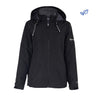 The Boeing Women's 3-in-1 Systems Jacket by BOEING is a black, wind-resistant hooded jacket featuring a front zipper, two zippered chest pockets, and a left sleeve zip pocket, shown on a white background.