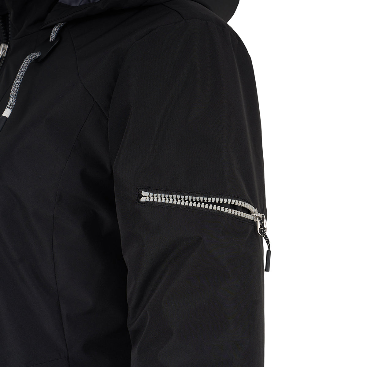 Close-up of the Boeing Women's 3-in-1 Systems Jacket by BOEING, showing a wind-resistant black sleeve with a silver zipper pocket on the upper arm, plus part of the hood and shoulder against a white background.
