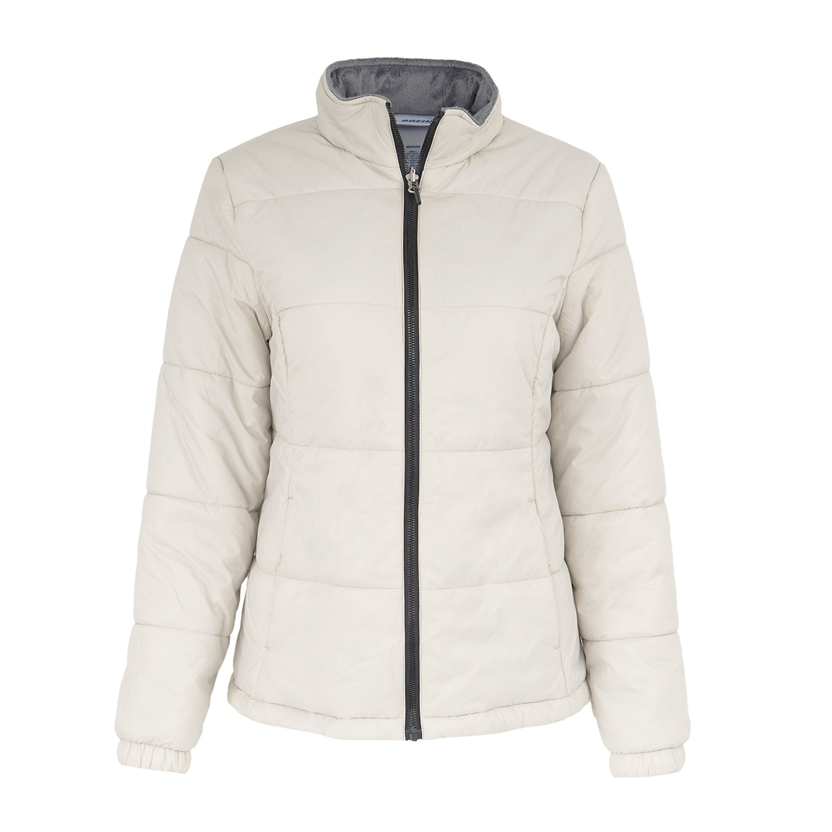 The Boeing Women's 3-in-1 Systems Jacket by BOEING features a light beige, quilted design with a front zipper, high collar, and elastic cuffs. Wind resistant and casual, it’s displayed on a white background.