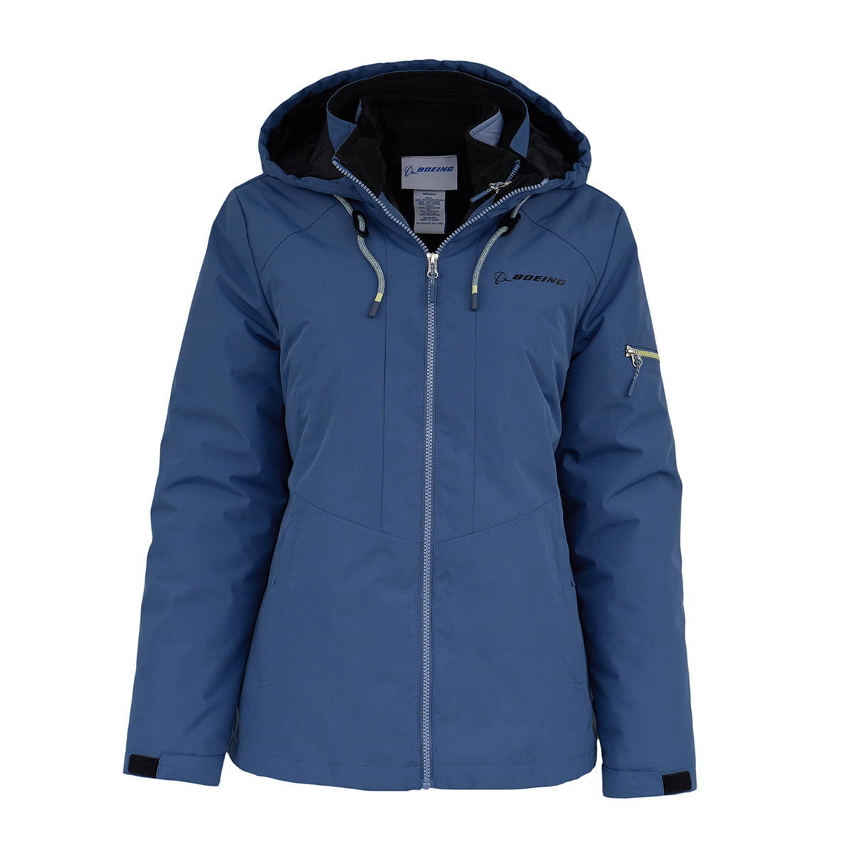 The Boeing Women's 3-in-1 Systems Jacket by BOEING is a blue hooded winter puffer with black lining, front zipper, zippered pockets and sleeve pocket, adjustable hood, wind resistance, and features the Boeing logo on the chest and inside label.