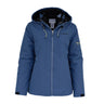 The Boeing Women's 3-in-1 Systems Jacket by BOEING is a blue hooded winter puffer with black lining, front zipper, zippered pockets and sleeve pocket, adjustable hood, wind resistance, and features the Boeing logo on the chest and inside label.
