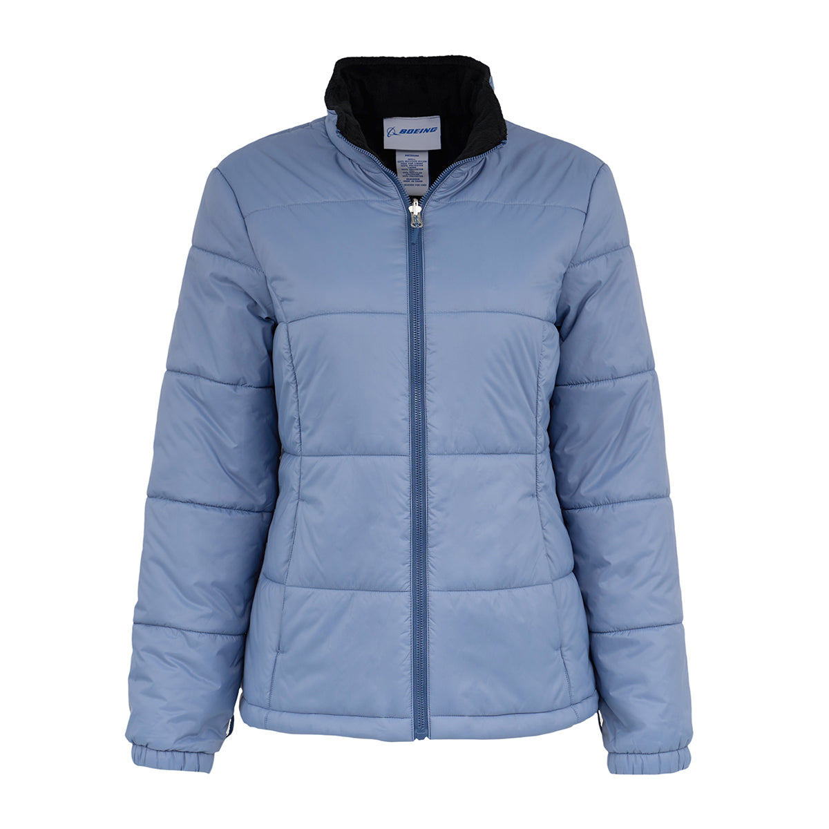 The Boeing Women's 3-in-1 Systems Jacket by BOEING is a light blue, wind-resistant, quilted puffer with a front zipper, high collar, and long sleeves, shown against a white background.