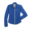 The johnnie-O Boeing Women’s Tomi Full-Zip Jacket by BOEING, shown in blue with long sleeves, stand-up collar, light gray zipper and inner lining, and two side pockets, features the Boeing logo for a sleek touch. Displayed on a white background.