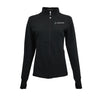 The Boeing Signature Women's Reflective Jacket by BOEING features a black zip-up design with a Boeing logo on the left chest, long sleeves, and a high collar. Shown on a plain white background, this moisture-wicking jacket offers comfort and style for activewear.