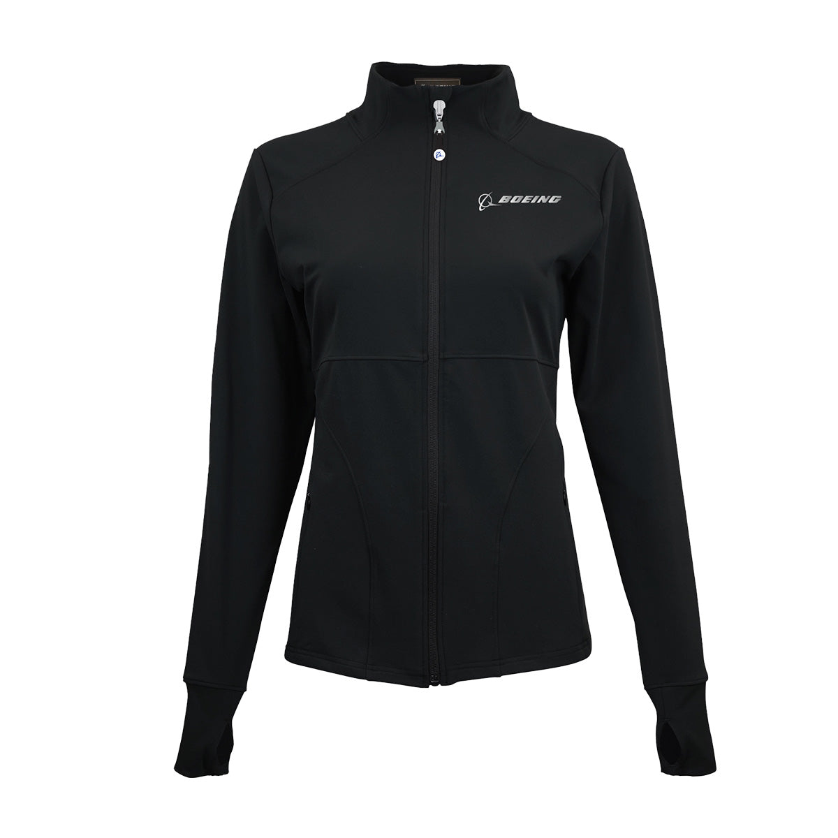 The Boeing Signature Women's Reflective Jacket by BOEING features a black zip-up design with a Boeing logo on the left chest, long sleeves, and a high collar. Shown on a plain white background, this moisture-wicking jacket offers comfort and style for activewear.