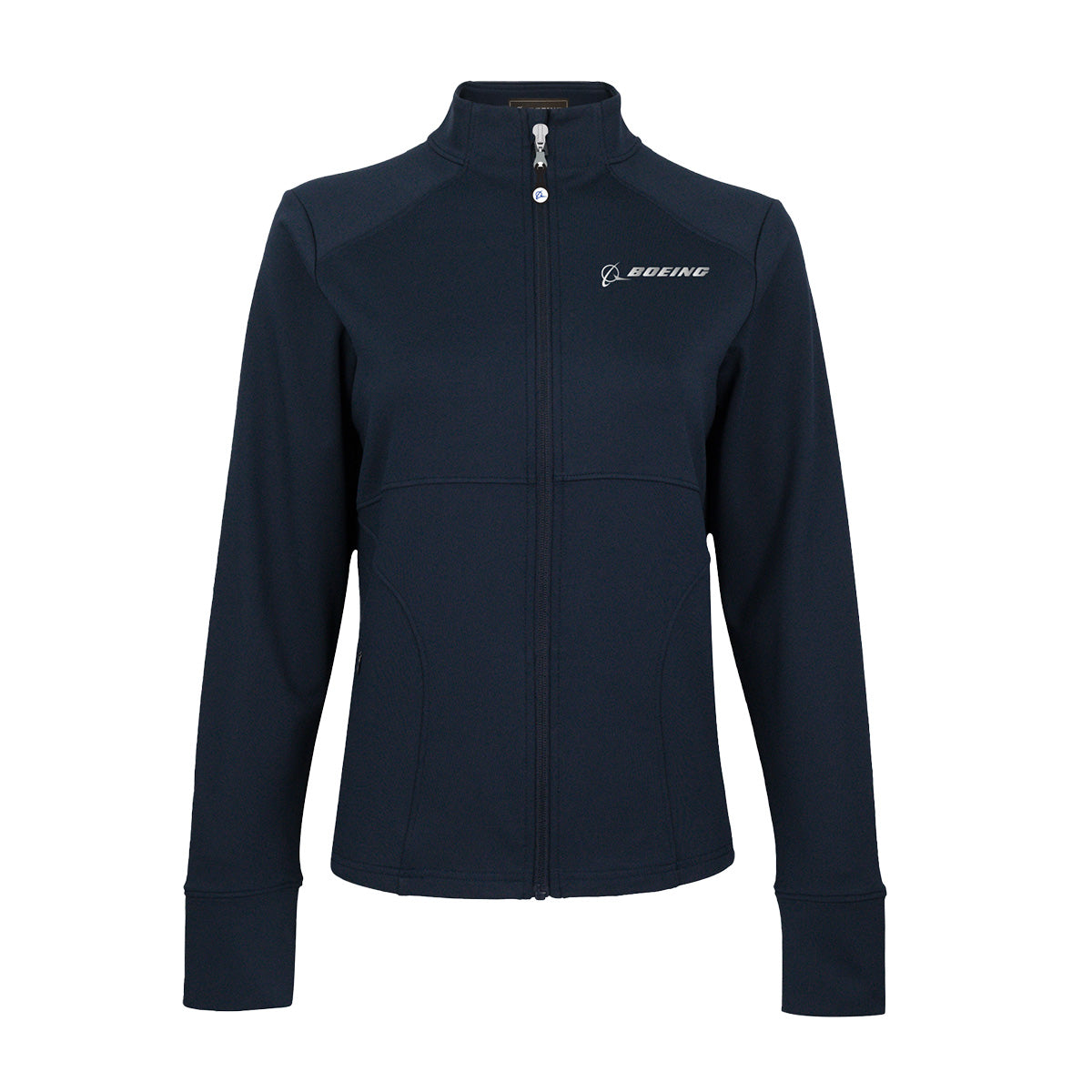 Introducing the Boeing Signature Women's Reflective Jacket by BOEING, a navy blue zip-up activewear piece featuring long sleeves, a high collar, and the iconic Boeing logo on the left chest. Crafted with moisture-wicking fabric to keep you comfortable during any activity, this jacket is shown front-facing on a plain white background.