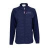 The Boeing Americana Women’s Lightweight Jacket by BOEING features a navy quilted front, long sleeves, stand-up collar, left chest Boeing logo, and an American flag zipper pull for added patriotic style.