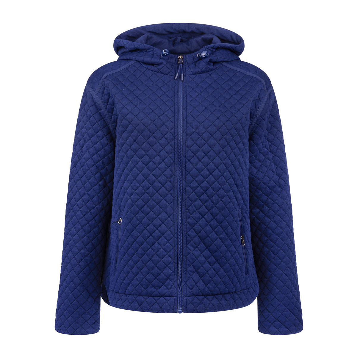 Blue long-sleeved Boeing Women’s Hooded Quilted Jacket featuring a front zipper, two side pockets, and a hood.