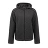 Boeing Women’s Hooded Quilted Jacket in dark grey, featuring an insulated, quilted design with a zip-up front and hood.